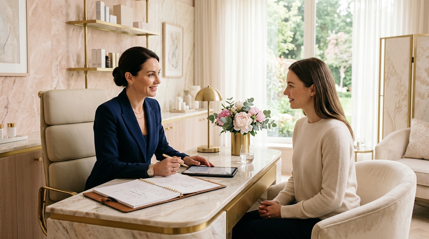 Illustrative consultation scene, not a photograph of the practice